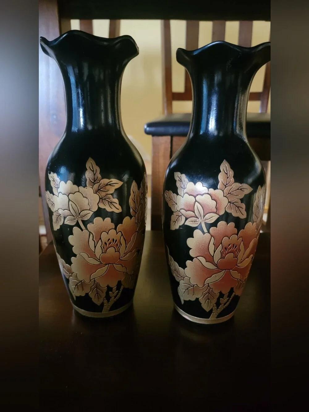 Matching Black Floral Decorative Vases with Pink and Gold Peony Design